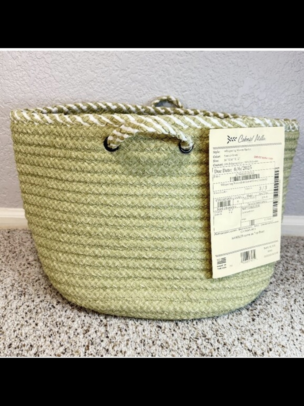 Handwoven Rope Storage Basket in Sage Green with Rope Handles. New In a bag.